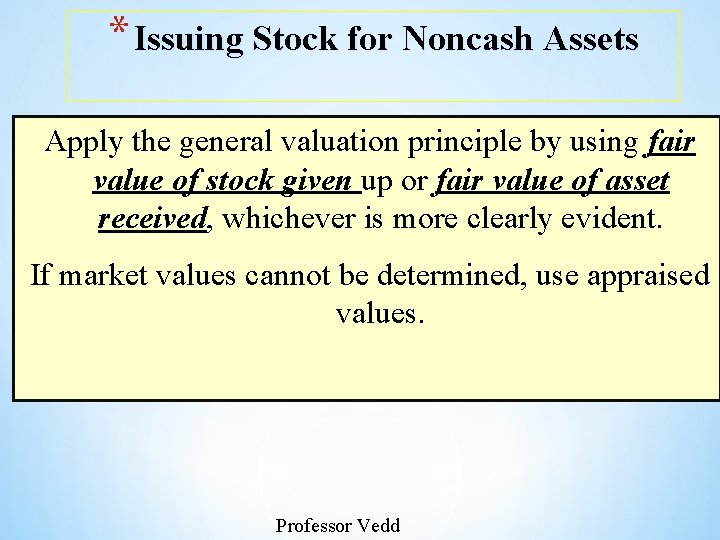 * Issuing Stock for Noncash Assets Apply the general valuation principle by using fair