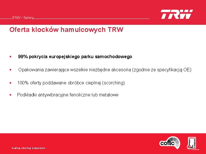 Oferta klocków hamulcowych TRW § 99% pokrycia europejskiego parku samochodowego § Opakowania zawierające wszelkie