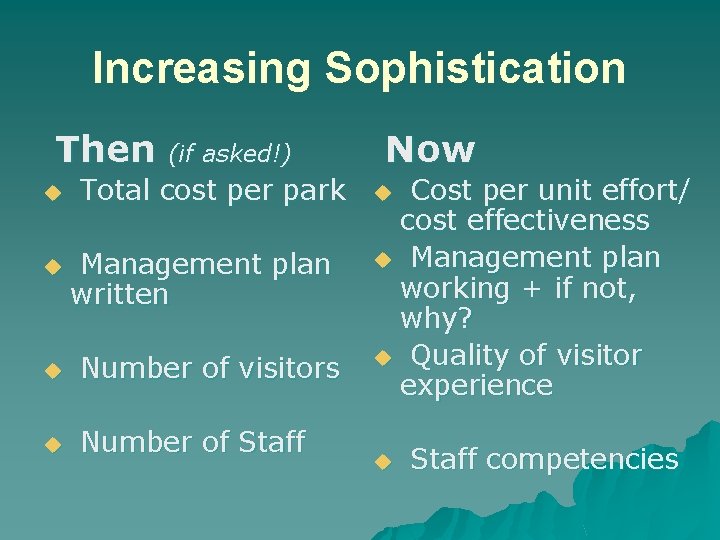 Increasing Sophistication Then u u (if asked!) Total cost per park Management plan written