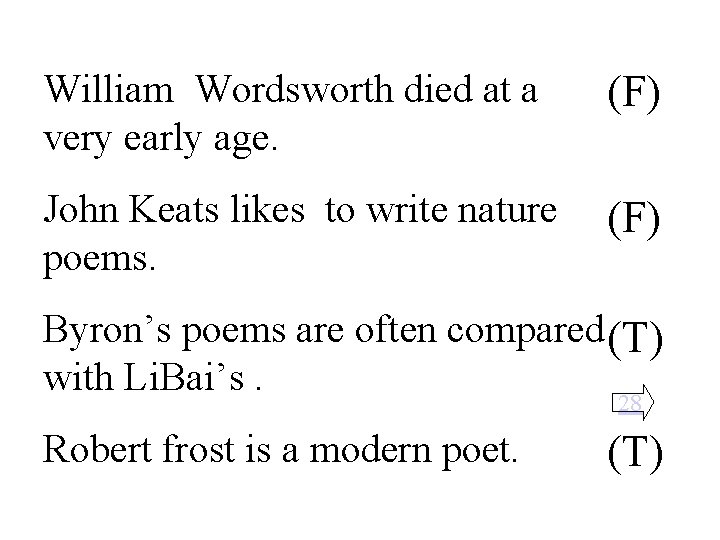 William Wordsworth died at a very early age. (F) John Keats likes to write