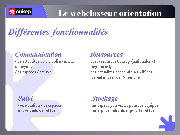 Le webclasseur orientation Différentes fonctionnalités Communication Ressources des actualités de l’établissement, un agenda, des