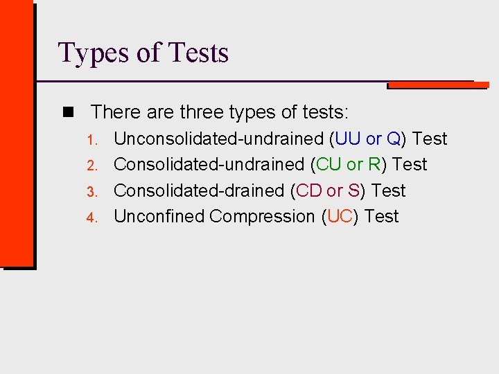 Types of Tests n There are three types of tests: 1. Unconsolidated-undrained (UU or