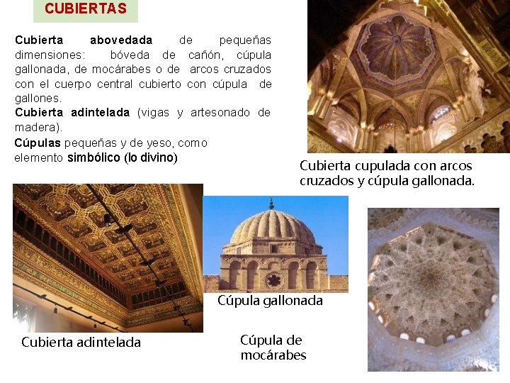 CUBIERTAS Cubierta abovedada de pequeñas dimensiones: bóveda de cañón, cúpula gallonada, de mocárabes o