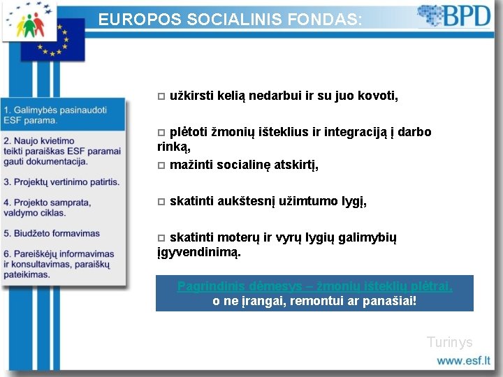 EUROPOS SOCIALINIS FONDAS: p užkirsti kelią nedarbui ir su juo kovoti, plėtoti žmonių išteklius