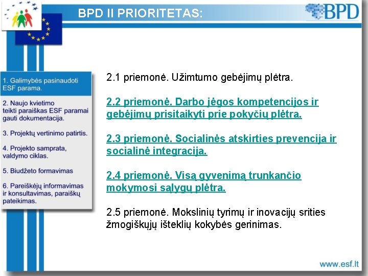 BPD II PRIORITETAS: 2. 1 priemonė. Užimtumo gebėjimų plėtra. 2. 2 priemonė. Darbo jėgos