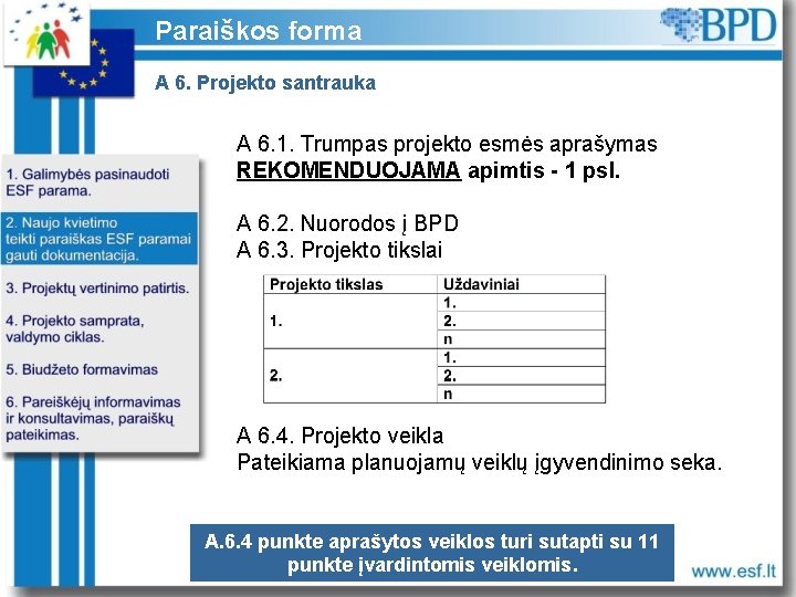 Paraiškos forma A 6. Projekto santrauka A 6. 1. Trumpas projekto esmės aprašymas REKOMENDUOJAMA