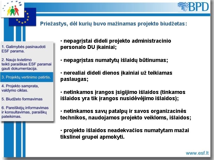 Priežastys, dėl kurių buvo mažinamas projekto biudžetas: • nepagrįstai dideli projekto administracinio personalo DU