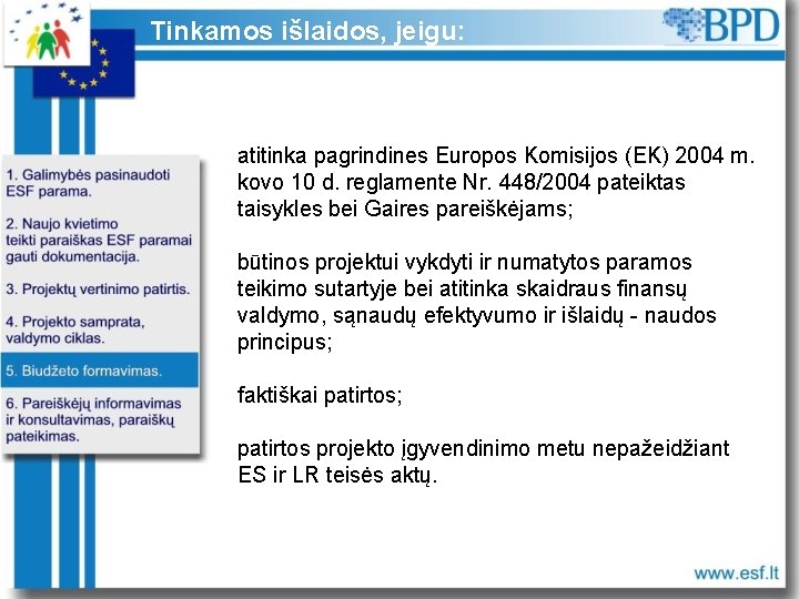 Tinkamos išlaidos, jeigu: atitinka pagrindines Europos Komisijos (EK) 2004 m. kovo 10 d. reglamente