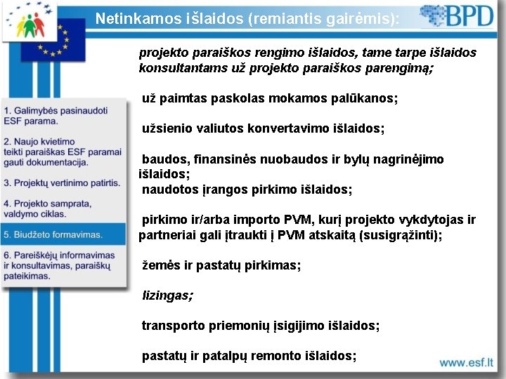 Netinkamos išlaidos (remiantis gairėmis): projekto paraiškos rengimo išlaidos, tame tarpe išlaidos konsultantams už projekto