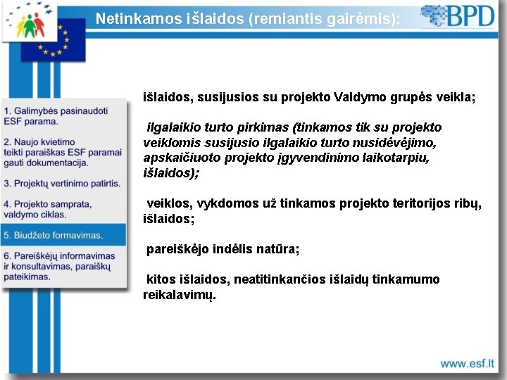 Netinkamos išlaidos (remiantis gairėmis): išlaidos, susijusios su projekto Valdymo grupės veikla; ilgalaikio turto pirkimas