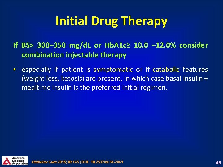 Initial Drug Therapy If BS> 300– 350 mg/d. L or Hb. A 1 c≥