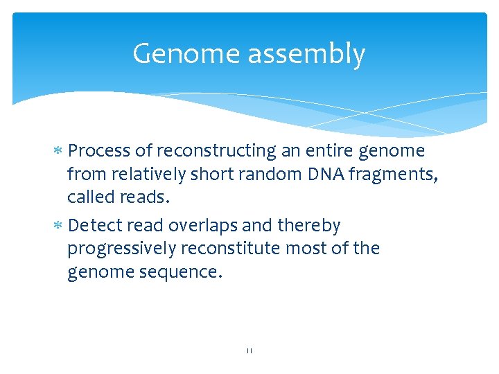 Genome assembly Process of reconstructing an entire genome from relatively short random DNA fragments,