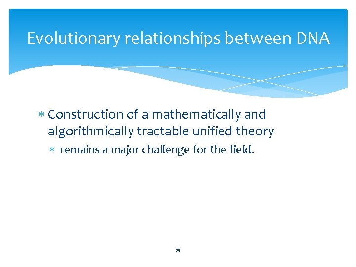 Evolutionary relationships between DNA Construction of a mathematically and algorithmically tractable unified theory remains