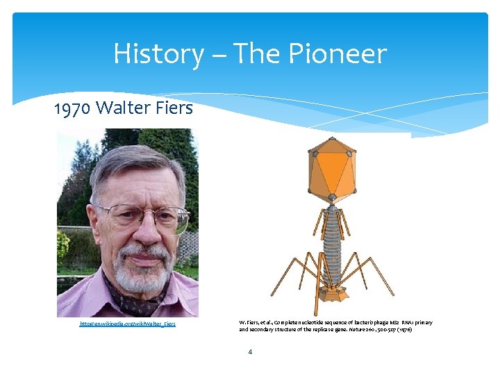 History – The Pioneer 1970 Walter Fiers http: //en. wikipedia. org/wiki/Walter_Fiers W. Fiers, et