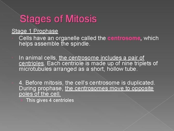 Stages of Mitosis Stage 1 Prophase Cells have an organelle called the centrosome, which
