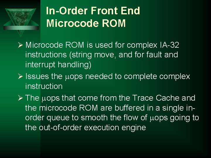 In-Order Front End Microcode ROM Ø Microcode ROM is used for complex IA-32 instructions