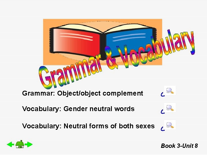 Grammar: Object/object complement Vocabulary: Gender neutral words Vocabulary: Neutral forms of both sexes Book