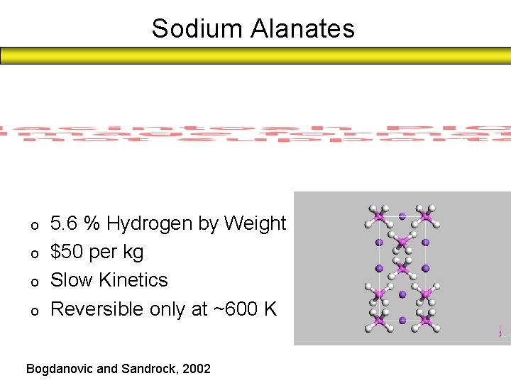 Sodium Alanates o o 5. 6 % Hydrogen by Weight $50 per kg Slow