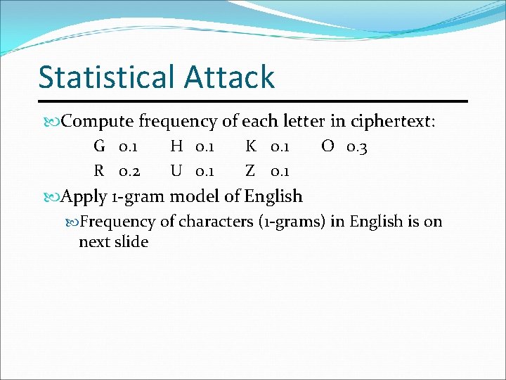 Statistical Attack Compute frequency of each letter in ciphertext: G 0. 1 H 0.