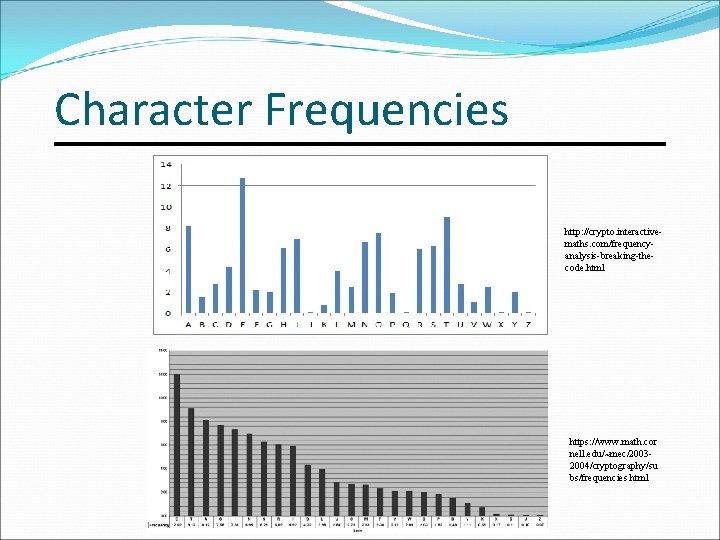 Character Frequencies http: //crypto. interactivemaths. com/frequencyanalysis-breaking-thecode. html https: //www. math. cor nell. edu/~mec/20032004/cryptography/su bs/frequencies.