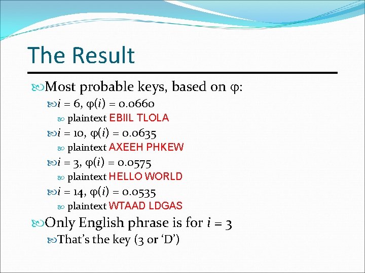 The Result Most probable keys, based on : i = 6, (i) = 0.