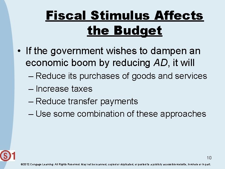 Fiscal Stimulus Affects the Budget • If the government wishes to dampen an economic