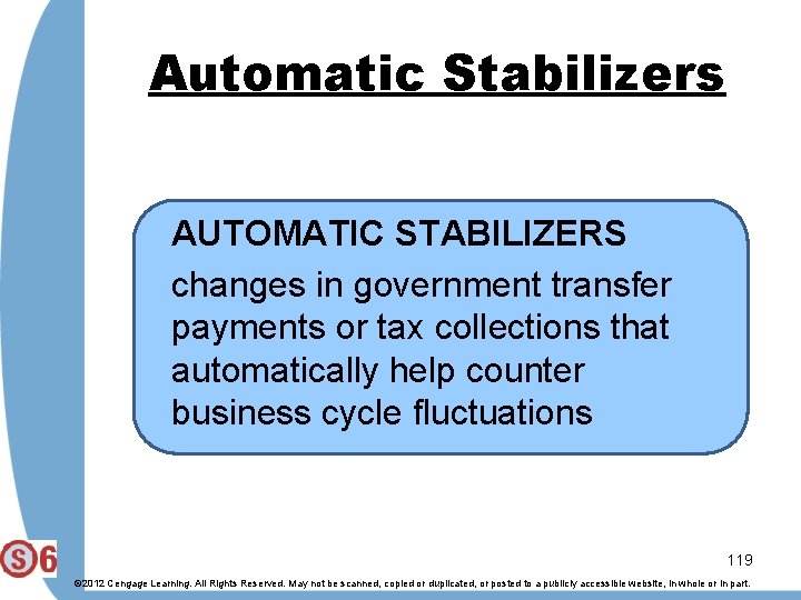 Automatic Stabilizers AUTOMATIC STABILIZERS changes in government transfer payments or tax collections that automatically