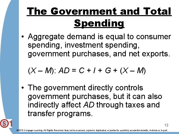 The Government and Total Spending • Aggregate demand is equal to consumer spending, investment