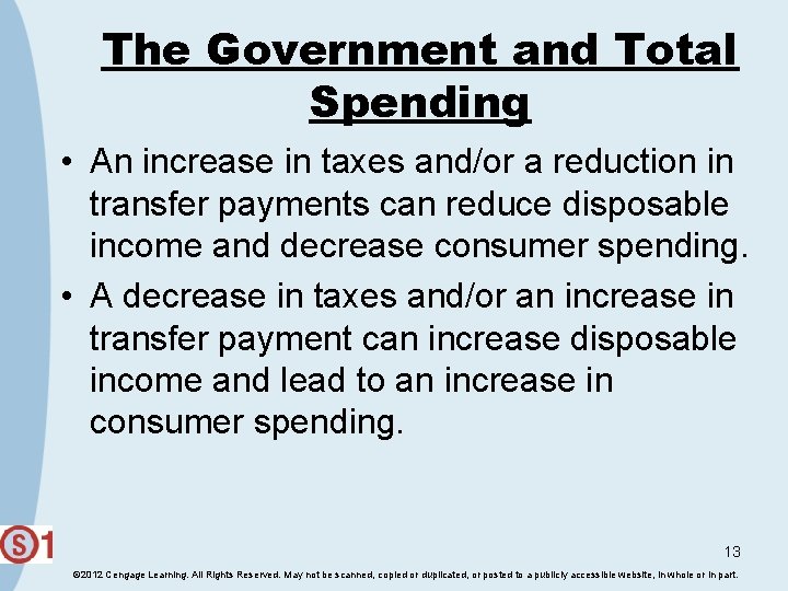 The Government and Total Spending • An increase in taxes and/or a reduction in