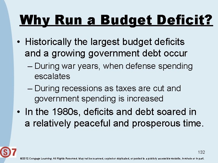Why Run a Budget Deficit? • Historically the largest budget deficits and a growing