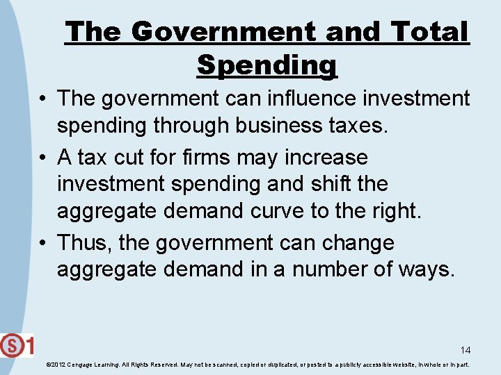 The Government and Total Spending • The government can influence investment spending through business