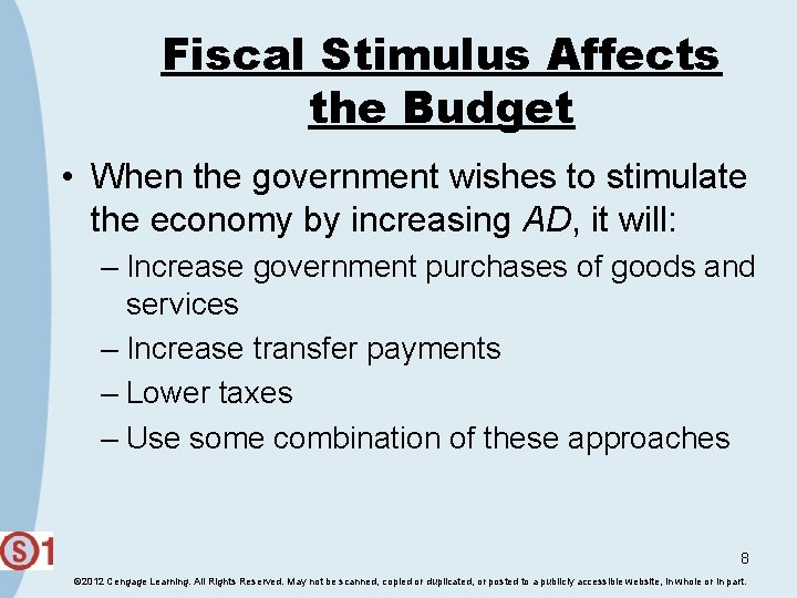 Fiscal Stimulus Affects the Budget • When the government wishes to stimulate the economy