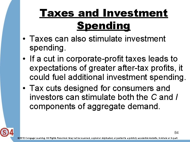 Taxes and Investment Spending • Taxes can also stimulate investment spending. • If a