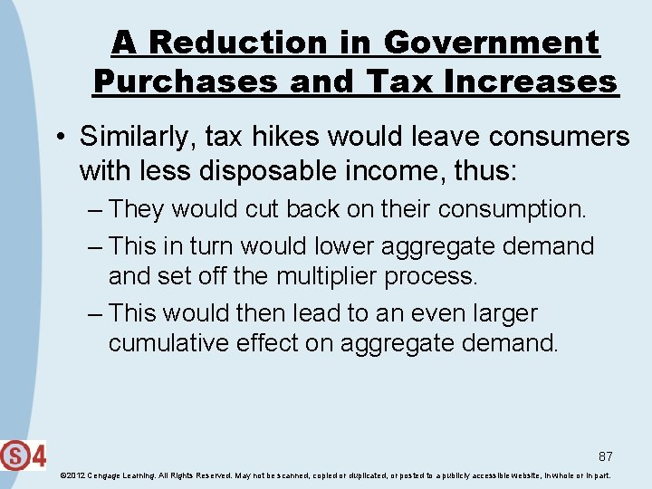 A Reduction in Government Purchases and Tax Increases • Similarly, tax hikes would leave