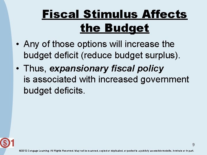 Fiscal Stimulus Affects the Budget • Any of those options will increase the budget