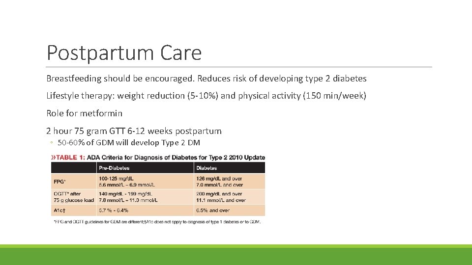 Postpartum Care Breastfeeding should be encouraged. Reduces risk of developing type 2 diabetes Lifestyle