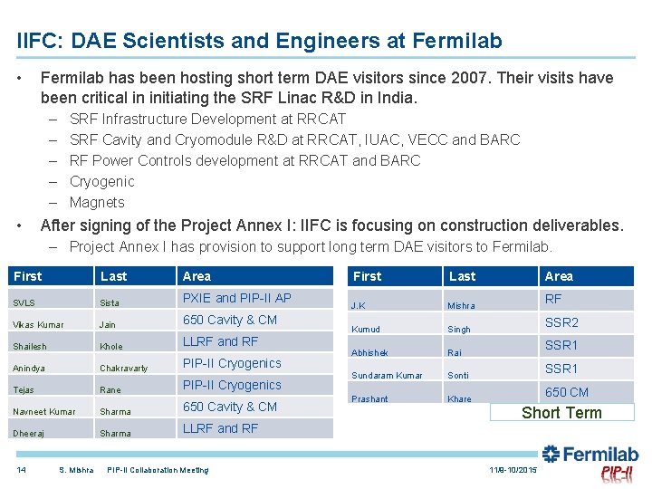 IIFC: DAE Scientists and Engineers at Fermilab • Fermilab has been hosting short term