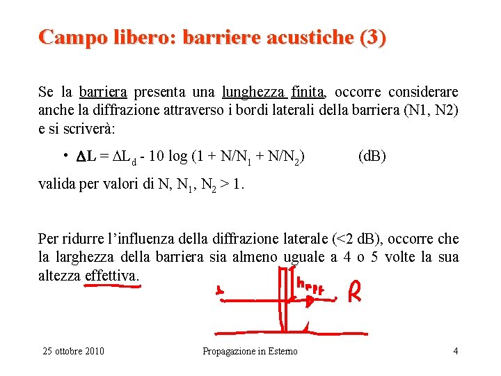 Campo libero: barriere acustiche (3) Se la barriera presenta una lunghezza finita, occorre considerare