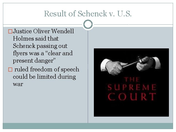 Result of Schenck v. U. S. �Justice Oliver Wendell Holmes said that Schenck passing