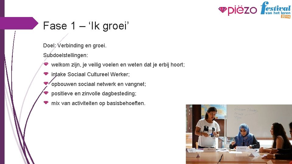 Fase 1 – ‘Ik groei’ Doel: Verbinding en groei. Subdoelstellingen: welkom zijn, je veilig