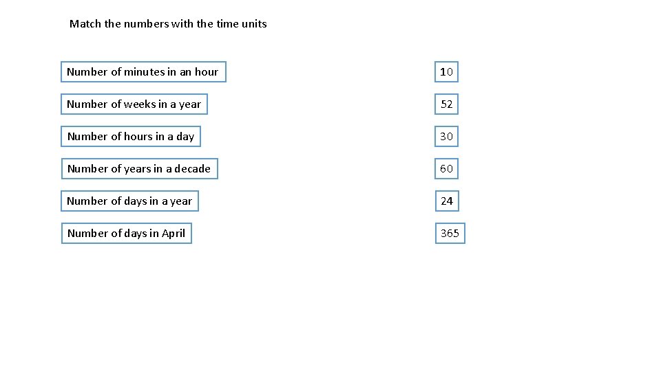 Match the numbers with the time units Number of minutes in an hour 10