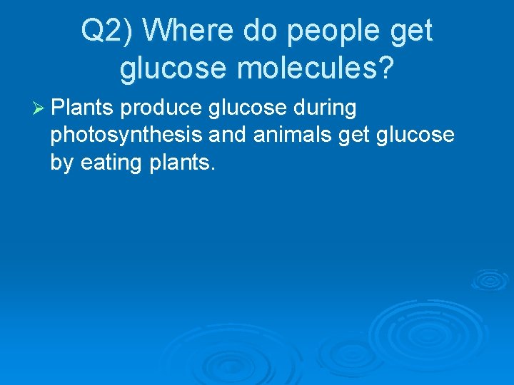 Q 2) Where do people get glucose molecules? Ø Plants produce glucose during photosynthesis