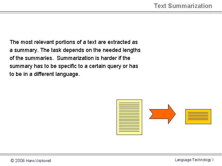 Text Summarization The most relevant portions of a text are extracted as a summary.