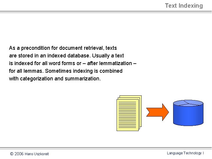 Text Indexing As a precondition for document retrieval, texts are stored in an indexed