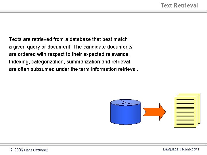 Text Retrieval Texts are retrieved from a database that best match a given query