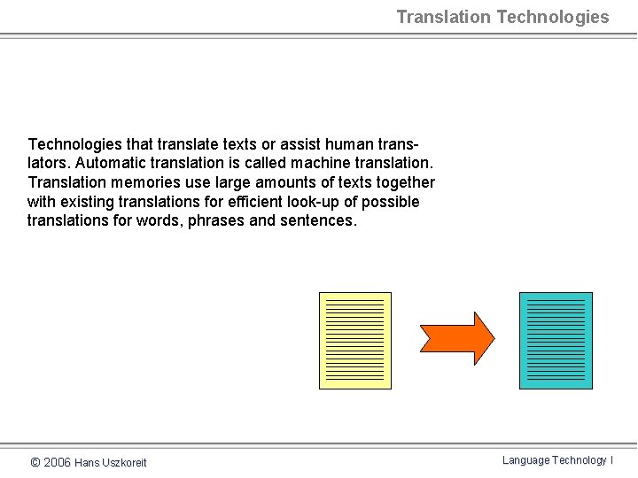 Translation Technologies that translate texts or assist human translators. Automatic translation is called machine