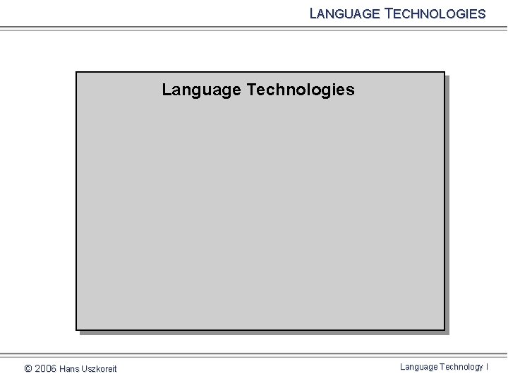 LANGUAGE TECHNOLOGIES Language Technologies © 2006 Hans Uszkoreit Language Technology I 