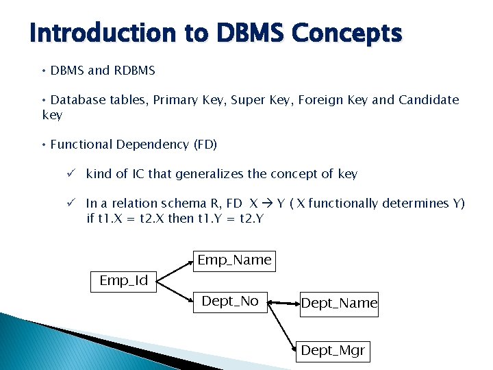 Introduction to DBMS Concepts • DBMS and RDBMS • Database tables, Primary Key, Super