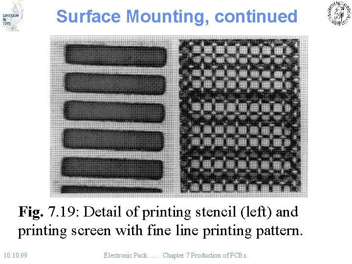 Surface Mounting, continued Fig. 7. 19: Detail of printing stencil (left) and printing screen