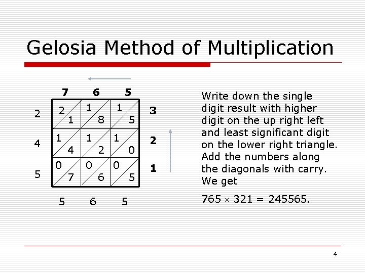 Gelosia Method of Multiplication 7 2 4 5 2 1 0 5 1 4